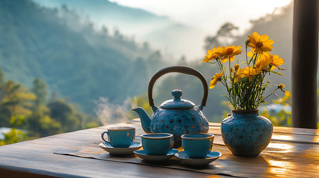 Scenic image features a blue decorative tea set including a teapot and three cups, accompanied by a vase of yellow flowers, all set on a rustic wooden table.の素材