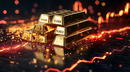 Detailed view displaying shiny stacked gold bars with purity marked 999.9, on top of an abstract stock chart backdrop, signifying financial markets.の素材