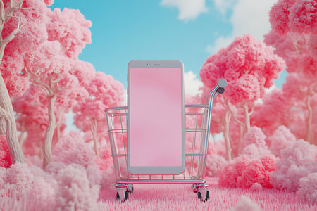 Visual displays a shopping cart holding a pink smartphone amidst a surreal pink forest set against a clear blue sky.の素材