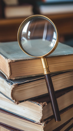 Detailed shot features a stack of old books with a gold-rimmed magnifying glass. Vintage books, macro details and a dark wood handle are visible.の素材