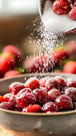 Close-up shot featuring sugar falling from a metal container onto fresh, red strawberries inside a bowl. Focus on the texture of sugared berries.の素材