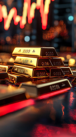 Depicts gleaming gold bars stacked, stamped with 999.9, against a blurred backdrop creating a visual of wealth and financial security.の素材