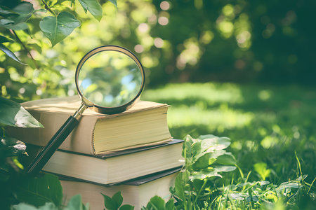 Close-up shot features a stack of books and a magnifying glass amidst foliage, bathed in bright sunlight, creating a peaceful ambiance.の素材