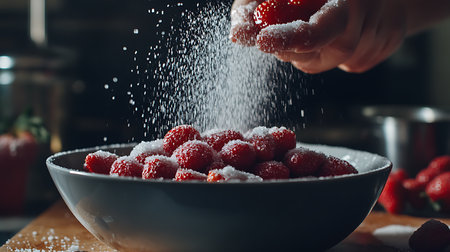 Detail of hands sprinkling sugar over fresh red strawberries in a bowl. Preparation for dessert or cooking concept. Berry coated with white sugar crystals.の素材