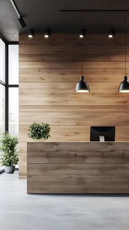 Interior shot of a modern office featuring a wooden reception desk, a potted plant, hanging lights, a monitor, and a large window showing a cityscape.の素材