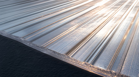 Close-up captures a plastic roofing sheet with sunlight highlighting the translucent, corrugated texture and grooved pattern of the panel.の素材