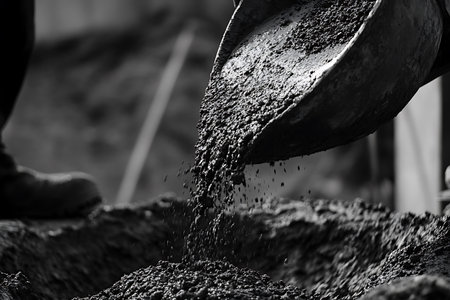 In monochrome, a construction worker tips wet cement mix from a shovel. The falling material adds dynamism to construction site image.の素材