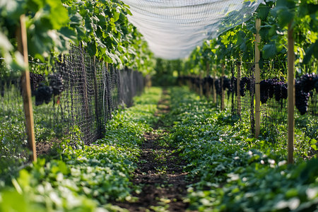 Rows of grape vines bearing ripe grapes and lush green leaves, shielded by protective netting, bathed in warm sunlight.の素材