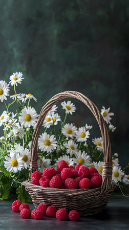 Eye-level, studio shot featuring a rustic wicker basket filled to the brim with vibrant red raspberries, adorned with delicate white daisies set on green backdrop.の素材