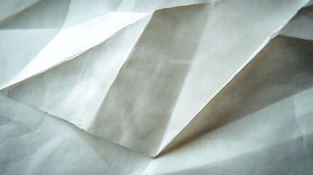 Macro shot exhibits folded white paper arranged in geometric shapes, accentuated by shadows and light play, highlighting the paper's texture and forming an abstract background.の素材