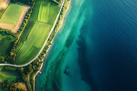 Top-down shot features vibrant green farmland meeting a coastline road beside a turquoise and deep blue sea with sunlight reflecting off the water surface.の素材