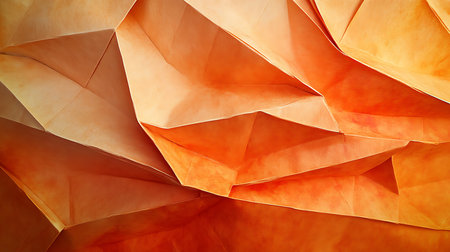 Abstract close-up featuring folded paper, reminiscent of origami, in orange tones. Offers texture and a unique artistic pattern.の素材