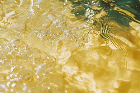 Captivating close-up showcases the dynamic texture of rippling yellow water featuring fluid motion, splash, and bokeh lights creating abstract artwork.の素材