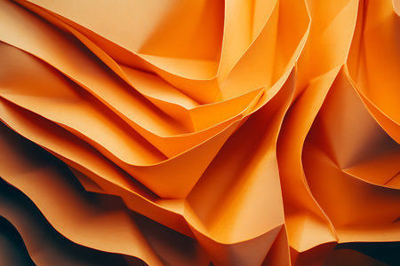 Bright orange layered sheets create an abstract geometric origami pattern. Modern paper art design with smooth texture and dynamic folds.の素材