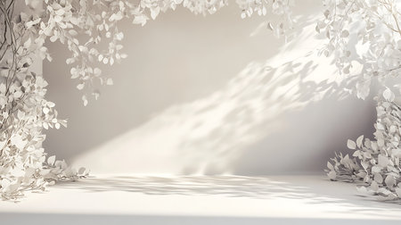 Bright studio shot featuring a white stage framed by detailed white foliage, accentuated by soft, natural shadows creating a serene ambiance.の素材
