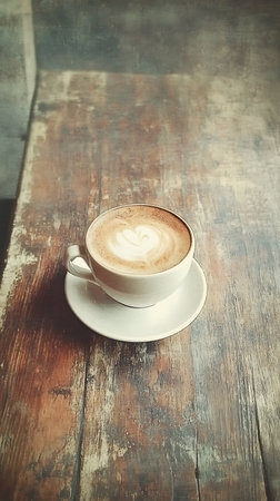 Close-up showcases latte art heart in a white coffee cup resting on a saucer atop a weathered wooden table, creating a rustic coffee setting.の素材