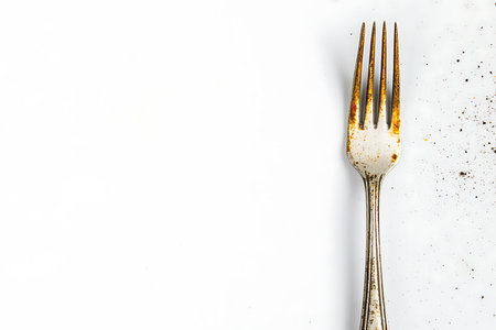 Overhead shot showcasing an aged fork with visible rust marks on a pristine white surface. Gives a retro, culinary or historical feel.の素材