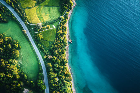 Aerial scenery exhibits azure lake meeting with a lush green landscape, alongside a curving road. This shows the natural beauty and scenic routes.の素材