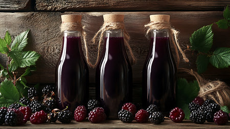 Three glass bottles filled with dark liquid, cork lids, and twine, on a wooden surface amid blackberries and greenery in a rustic arrangement.の素材