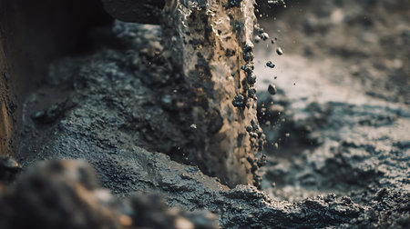Detailed close-up showing a muddy cascade, creating dramatic texture. Wet ground with fluid motion adds dynamic depth to the composition.の素材