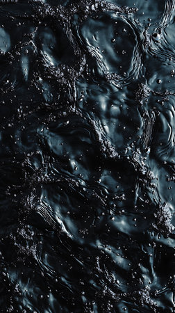 Textured surface features dark liquid with oil-like sheen. Bubbles cluster in patches while ripples reflect light. An abstract, detailed visual for backgrounds.の素材