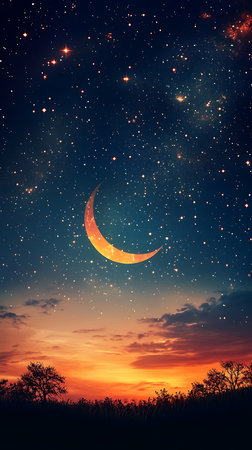 Night illustration showing a crescent moon shining in a sky full of stars, with silhouette landscape of trees and clouds at sunset or sunrise.の素材
