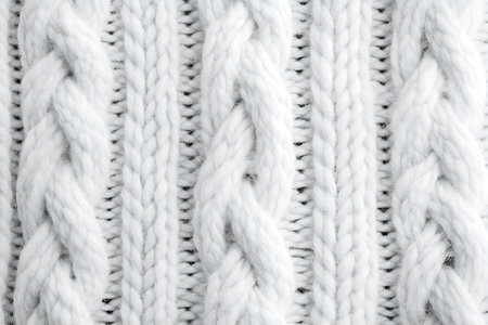 A close-up shot showcases the intricate detail of a braided white knitted wool texture, emphasizing the soft, abstract pattern.の素材