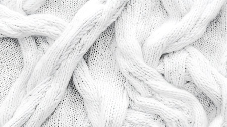 Close-up showcases texture details of white knitted wool with macro knitwear creating abstract textiles background. Perfect for winter and cozy themes.の素材