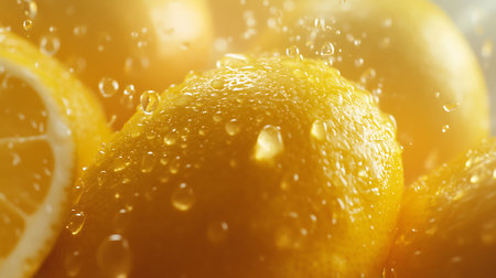 Extreme close-up of fresh yellow lemons with water droplets and splashes. The texture of the lemons and droplets is captured in high detail.の素材