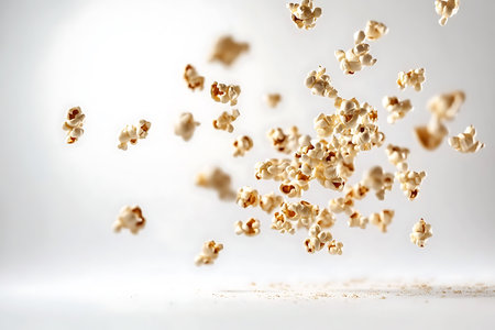 Studio shot featuring a minimalist arrangement of floating popcorn against a bright, neutral backdrop, creating a clean and appetizing still life composition.の素材
