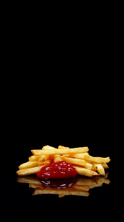 Close-up of a pile of fried golden french fries on a shiny surface. Ketchup puddle sits atop the fries with a distinct reflection against black.の素材