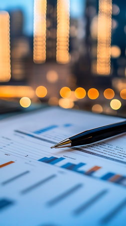 Close-up shot featuring a financial chart with bar graphs and data sheets, complemented by a pen and a blurred bokeh background.の素材