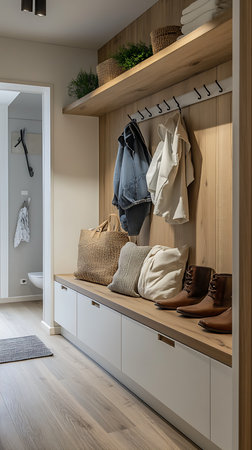 Interior shot presents a foyer with a wood paneled wall, hooks with jackets, shelf decor, storage, pillows, boots, and a glimpse into a bathroom with a toilet.の素材