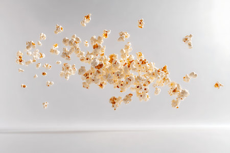 Studio shot displaying fresh popcorn pieces levitating against a light gray backdrop, conveying a sense of lightness and airy movement.の素材