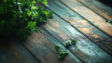 Vibrant green parsley bunch is arranged on a rustic wooden table with weathered blue finish. Detailed textures of the wood are visible.の素材