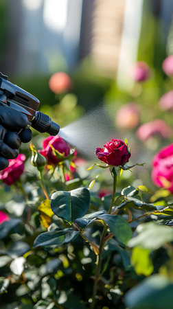 Gardener's gloved hand using a sprayer on blooming red roses, preventing insects. Focused plant and blurred background provide a vivid seasonal theme.の素材
