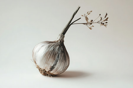 Macro shot showing a garlic bulb with stem and dried seed head sprout, positioned on a simple, pale background, highlighting texture and detail.の素材