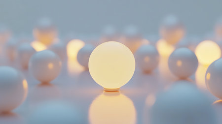 Conceptual art featuring an illuminated yellow sphere standing out among numerous blurred white spherical forms, presented in a softly lit, abstract setting.の素材