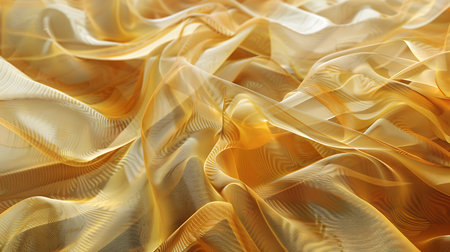 Elegant, luxurious golden abstract texture showcases ripples and folds of satin silk, creating a dynamic and smooth pattern.の素材