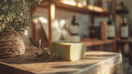 Close-up shot features a bar of green soap, adorned with an olive branch, resting on a rustic wooden table under warm sunlight, with a blurred background.の素材