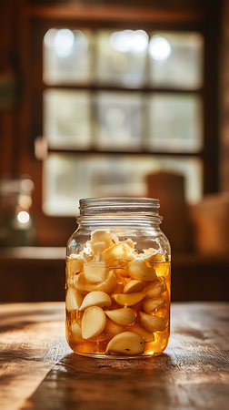 Close up of a clear glass jar densely packed with raw garlic cloves submerged in honey, sitting on a rustic wooden table surface near blurred window light.の素材