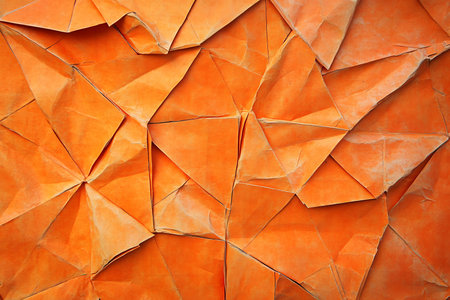 Detailed view of a vibrant orange geometric surface formed by folded and creased craft paper, ideal for textured abstract backgrounds.の素材