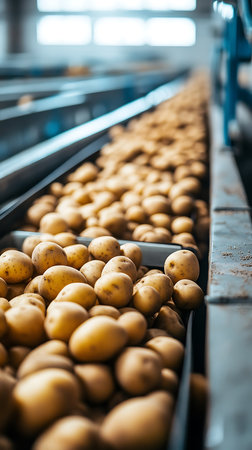 Raw brown potatoes filling a metal industrial conveyor line. Conveyor system for food processing in a plant. Fresh food, agriculture.の素材