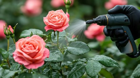 Gardening hand with protective gloves sprays fresh pink rose with water against blurred natural background. Garden maintenance on summer time.の素材