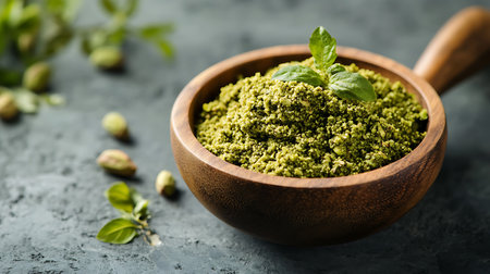 Overhead shot displaying a wooden bowl with ground pistachios and fresh basil. The bowl is on a dark grey textured surface, with scattered pistachios.の素材