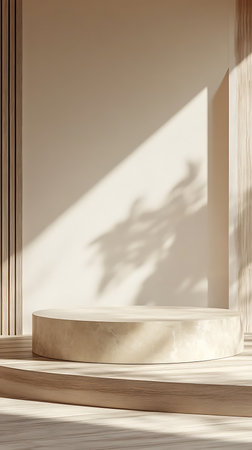 Close-up of a round podium. Plant shadows cast on the wall. Interior space featuring sunlight and wooden planks add depth and texture.の素材