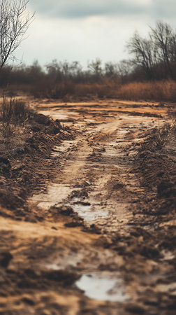 Captures a rural landscape featuring a muddy road with visible puddles, flanked by bare trees, set against a cloudy sky backdrop.の素材