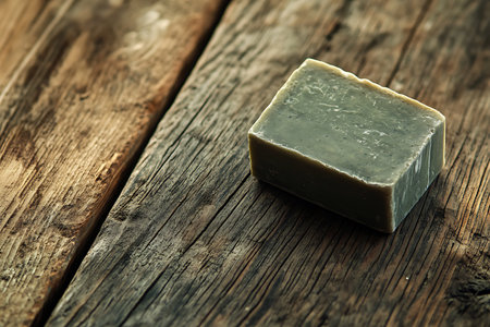 Close-up captures a bar of handmade soap resting on a textured, weathered wooden surface, highlighting a spa and wellness ambiance with natural appeal.の素材