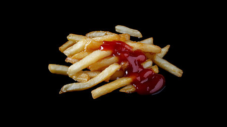 A close-up studio shot presents a golden pile of crispy french fries drenched with thick, red tomato ketchup against a contrasting background.の素材