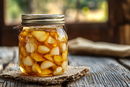 Close up image shows pickled garlic cloves preserved in a clear glass jar on a burlap placemat and rustic wooden table with an out of focus background.の素材